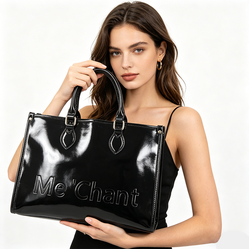 Structured Handbag Top Handle - Tas Tote Kulit PU Hitam Mengkilap