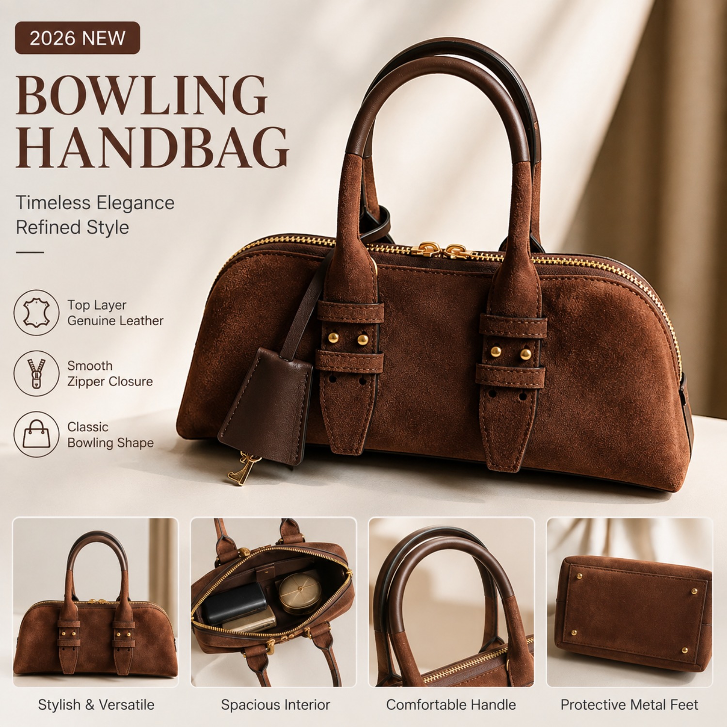 Structured Handbag Top Handle - Tas Bowling Kulit Asli Wanita, Tas